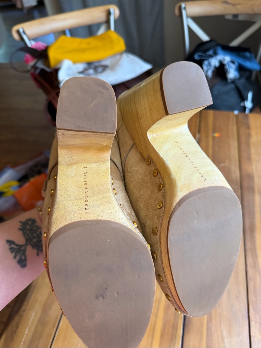 Veronica Beard Camel Suede Buckle Mules - Picture 7 of 8